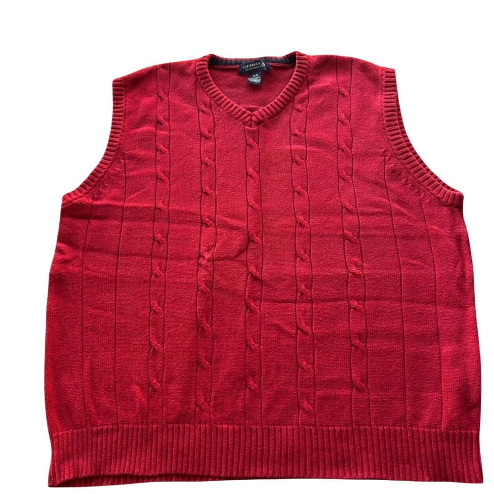Mens Classic Cable Knit Sweater Vest XL Red V-Neck Preppy Caribbean Joe